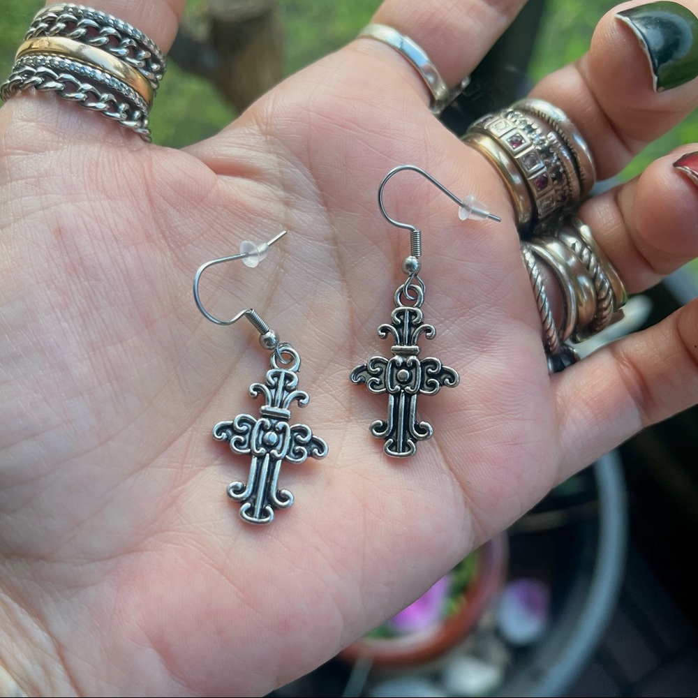 Cuban chain stainless steel with dangly cross gothic charm choker necklace set - Picture 2 of 12